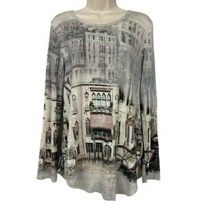 Karen Kane Tunic Top Womens Medium Neutral Cityscape Venice Travel Print Luxury